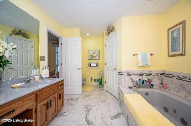 360 Rockcastle Villa, Shepherdsville, KY 40165 - bathroom with vanity, a whirlpool tub, marble look tiles, toilet, and a textured ceiling