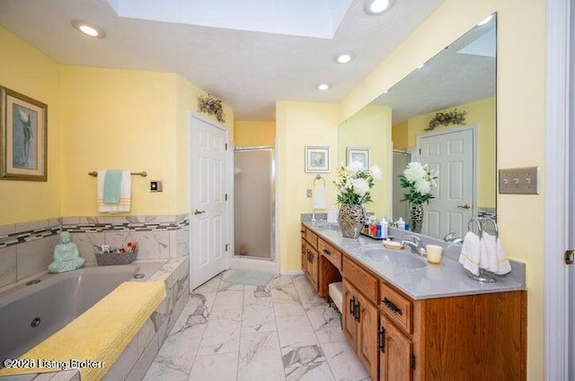360 Rockcastle Villa, Shepherdsville, KY 40165 - bathroom with a skylight, a stall shower, double vanity, marble look tile flooring, and a jetted tub