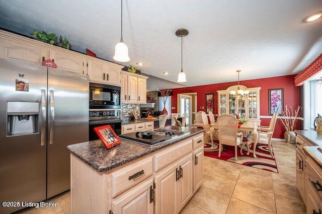 360 Rockcastle Villa, Shepherdsville, KY 40165 - kitchen featuring black appliances, decorative backsplash, decorative light fixtures, a kitchen island, and a chandelier