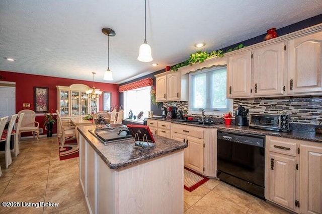 360 Rockcastle Villa, Shepherdsville, KY 40165 - kitchen with black appliances, a sink, backsplash, light tile patterned floors, and a kitchen island