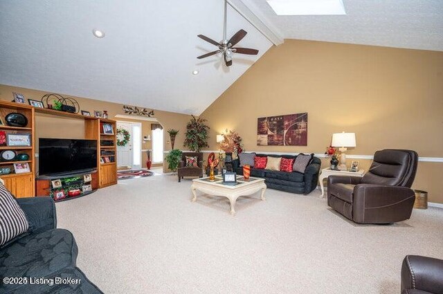 360 Rockcastle Villa, Shepherdsville, KY 40165 - carpeted living area featuring beam ceiling, a skylight, ceiling fan, high vaulted ceiling, and recessed lighting