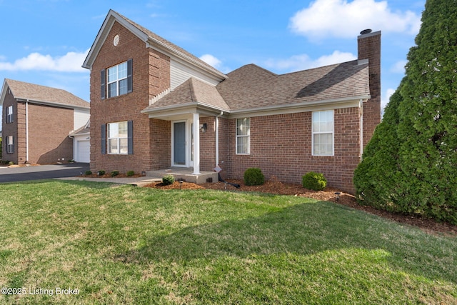 1501 Eagle Nest Way, Lyndon, KY 40222 - traditional home featuring a chimney, brick siding, a shingled roof, and a front lawn