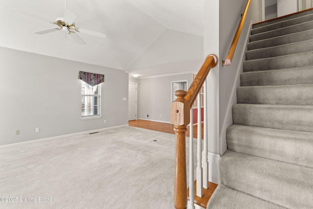 1501 Eagle Nest Way, Lyndon, KY 40222 - stairs featuring a ceiling fan, baseboards, carpet, and high vaulted ceiling