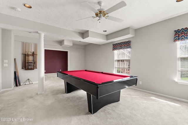 1501 Eagle Nest Way, Lyndon, KY 40222 - game room featuring carpet flooring, pool table, baseboards, ceiling fan, and a textured ceiling