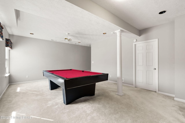 1501 Eagle Nest Way, Lyndon, KY 40222 - playroom featuring billiards table, light carpet, baseboards, a textured ceiling, and a ceiling fan