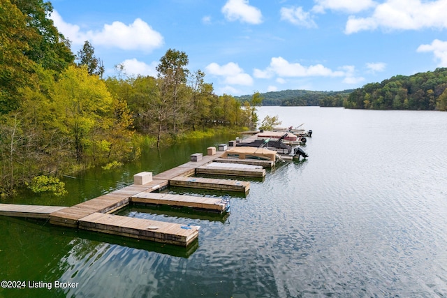 view of dock featuring a view of trees and a water view