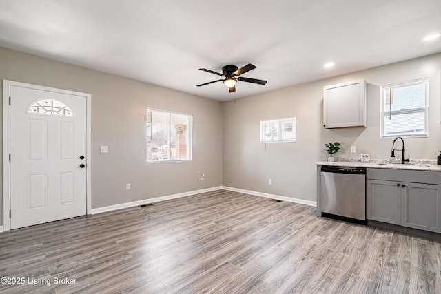 kitchen with a sink, plenty of natural light, stainless steel dishwasher, and gray cabinets