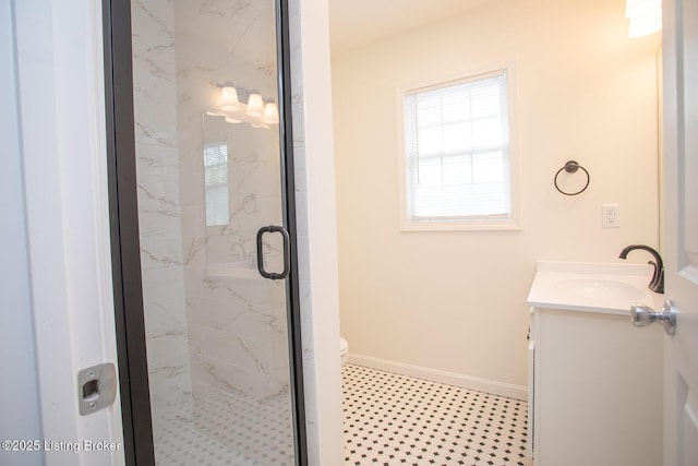 3833 Jupiter Rd, Louisville, KY 40218 - bathroom with vanity, a marble finish shower, toilet, and baseboards