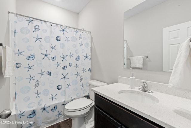 8806 Warbler Branch Way, Louisville, KY 40229 - bathroom with vanity, toilet, wood finished floors, and shower / tub combo with curtain