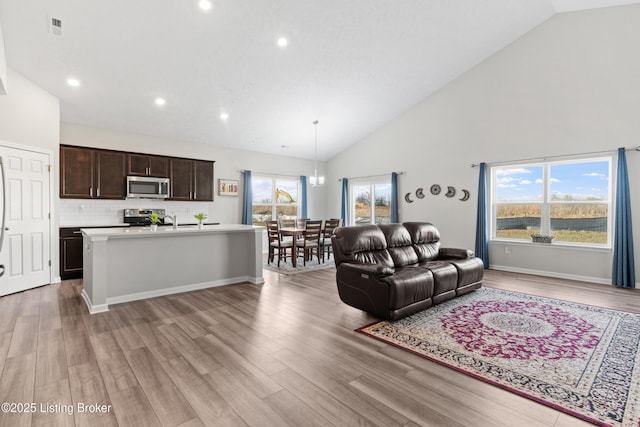8806 Warbler Branch Way, Louisville, KY 40229 - living area featuring visible vents, light wood-style flooring, high vaulted ceiling, and baseboards