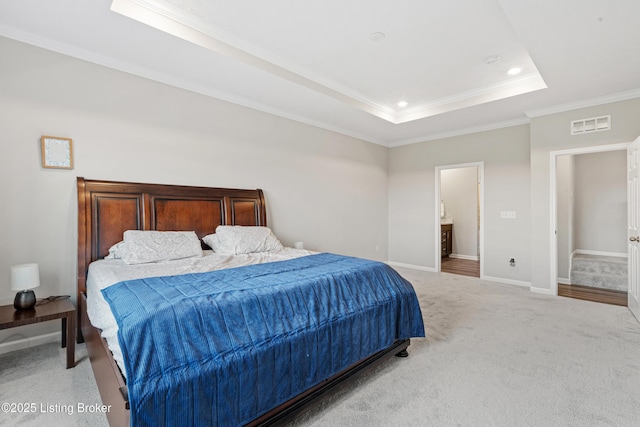 8806 Warbler Branch Way, Louisville, KY 40229 - bedroom with baseboards, visible vents, a tray ceiling, ornamental molding, and light carpet
