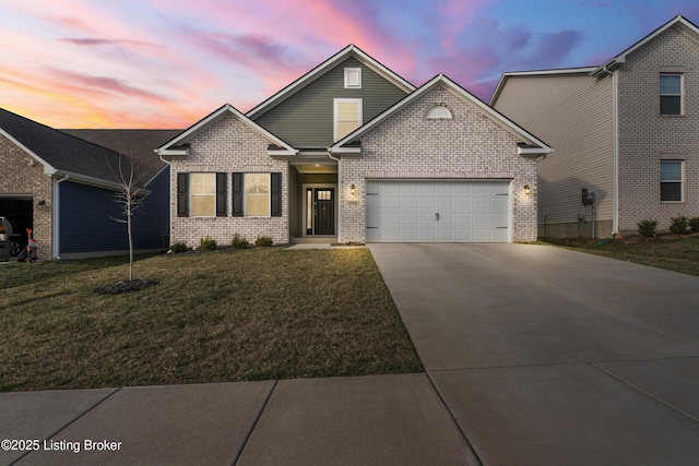 8806 Warbler Branch Way, Louisville, KY 40229 - traditional home with concrete driveway, an attached garage, a lawn, and brick siding