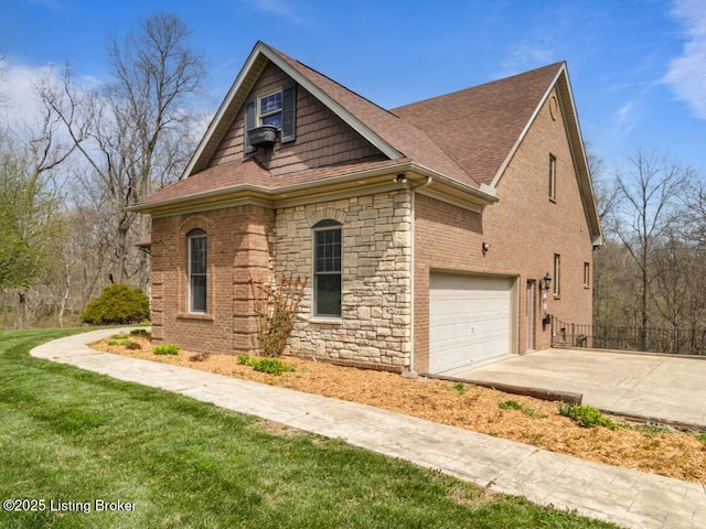 view of front of house featuring stone siding, concrete driveway, fence, a front lawn, and a shingled roof