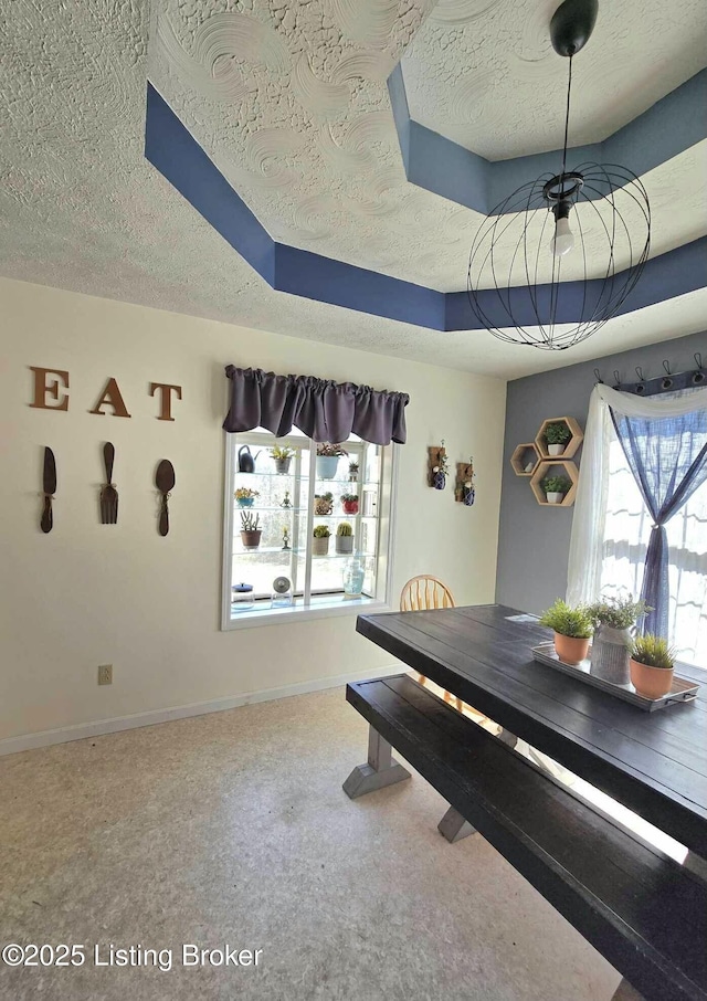 unfurnished dining area featuring a raised ceiling, a textured ceiling, a healthy amount of sunlight, and carpet