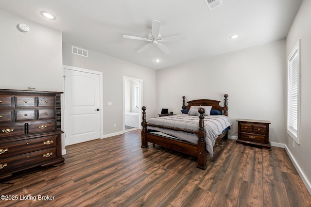 bedroom with recessed lighting, visible vents, baseboards, and dark wood finished floors