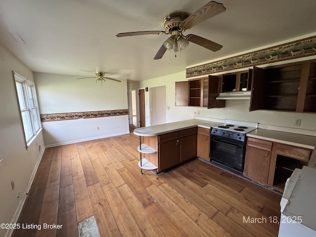 7725 3rd Street Rd, Louisville, KY 40214 - kitchen with under cabinet range hood, hardwood / wood-style floors, range with electric stovetop, a peninsula, and open shelves