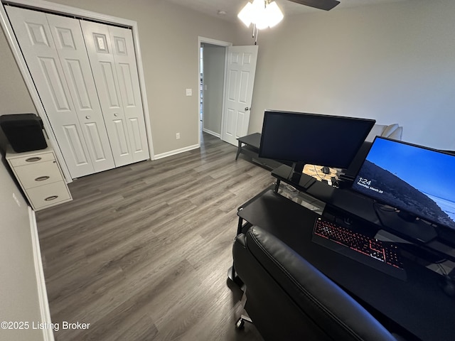 4177 Fairgrounds Rd, Brandenburg, KY 40108 - office area with baseboards, a ceiling fan, and wood finished floors