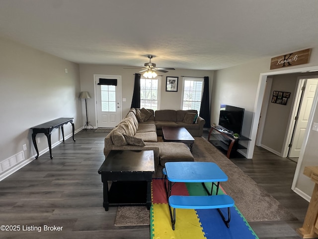 4177 Fairgrounds Rd, Brandenburg, KY 40108 - living room featuring dark wood-type flooring, baseboards, ceiling fan, and visible vents