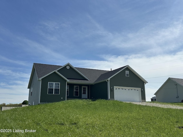 4177 Fairgrounds Rd, Brandenburg, KY 40108 - ranch-style house with an attached garage, a shingled roof, a front yard, and dirt driveway