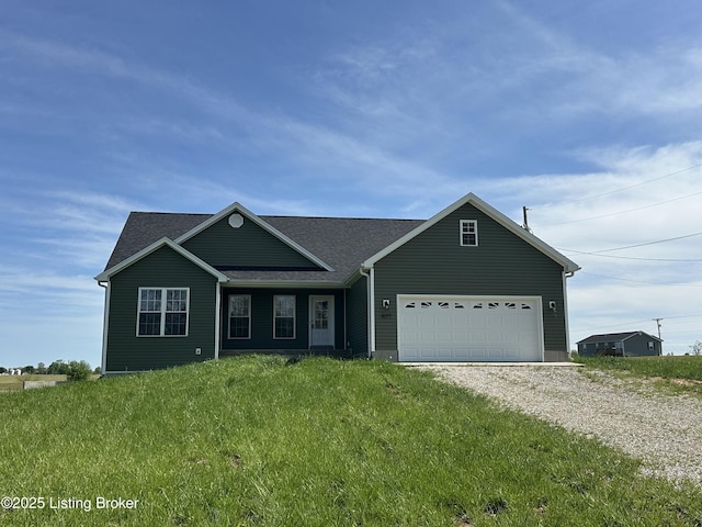 4177 Fairgrounds Rd, Brandenburg, KY 40108 - view of front facade with an attached garage, a front lawn, roof with shingles, and gravel driveway