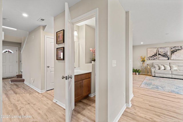 115 Shadow Rock Ct, Shepherdsville, KY 40165 - hall featuring recessed lighting, visible vents, light wood-style flooring, and baseboards