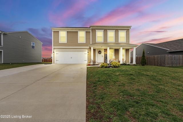 115 Shadow Rock Ct, Shepherdsville, KY 40165 - traditional-style home featuring a front lawn, fence, covered porch, concrete driveway, and a garage