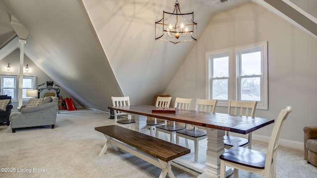 4742 Southern Pkwy, Louisville, KY 40214 - dining space featuring visible vents, baseboards, light carpet, lofted ceiling, and a notable chandelier
