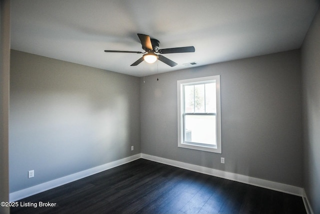 unfurnished room with a ceiling fan, baseboards, visible vents, and dark wood-style flooring