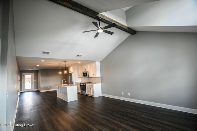 unfurnished living room featuring beam ceiling, visible vents, dark wood-style floors, and a sink