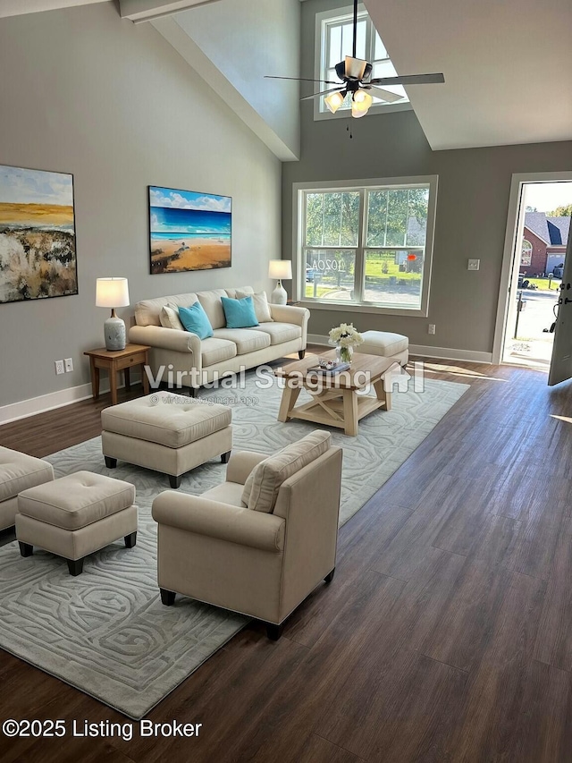 living room featuring baseboards, ceiling fan, beam ceiling, wood finished floors, and high vaulted ceiling