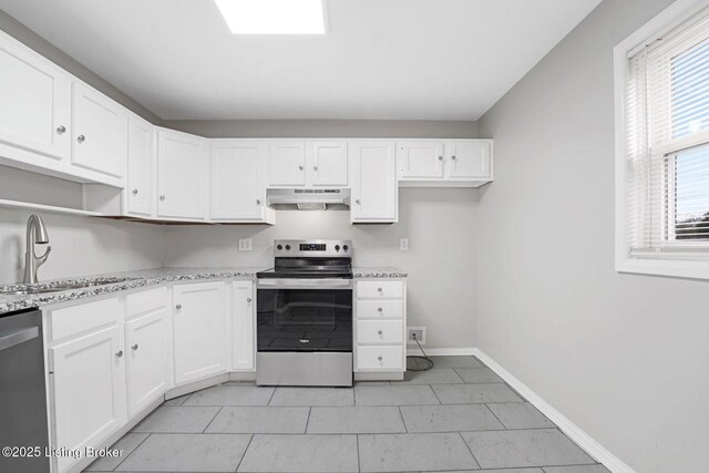 3217 Wellingmoor Ave, Louisville, KY 40218 - kitchen with baseboards, under cabinet range hood, appliances with stainless steel finishes, white cabinets, and a sink