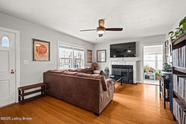 living area with light wood finished floors, a fireplace, and a ceiling fan