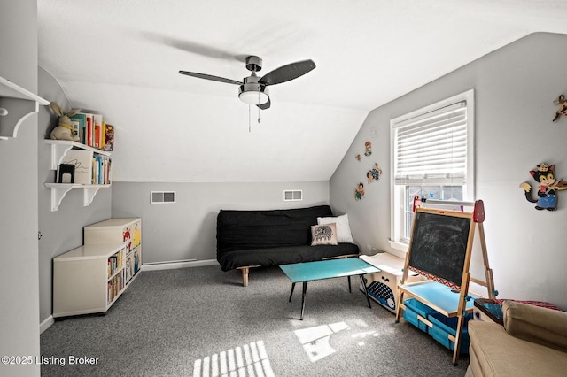 living area with visible vents, carpet floors, lofted ceiling, and ceiling fan