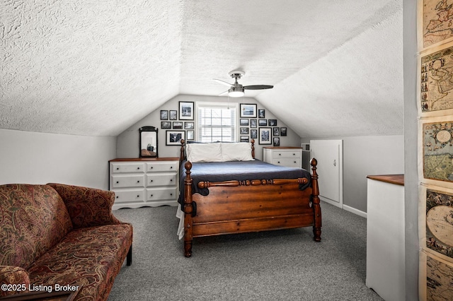 carpeted bedroom with a textured ceiling, vaulted ceiling, and a ceiling fan