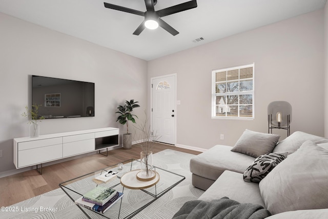 2064 Emmet Ave, Louisville, KY 40217 - living room featuring visible vents, baseboards, wood finished floors, and a ceiling fan