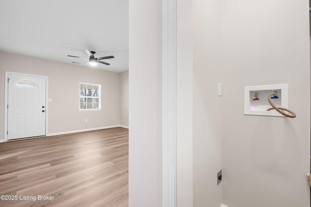 2064 Emmet Ave, Louisville, KY 40217 - laundry room featuring light wood finished floors, baseboards, a ceiling fan, and washer hookup
