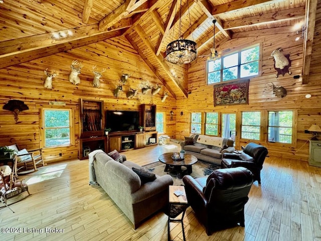living room featuring wood ceiling, a healthy amount of sunlight, wood walls, and hardwood / wood-style floors