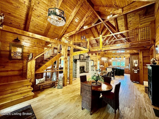 dining room featuring wooden walls, stairs, beamed ceiling, wood-type flooring, and wood ceiling