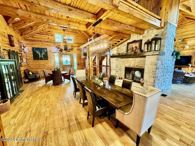 dining room featuring a fireplace, wooden walls, wood ceiling, and wood-type flooring