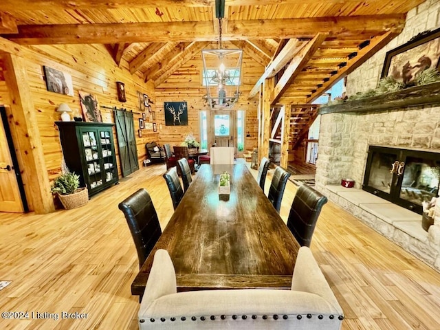 dining room with wooden walls, wood ceiling, beamed ceiling, and wood finished floors