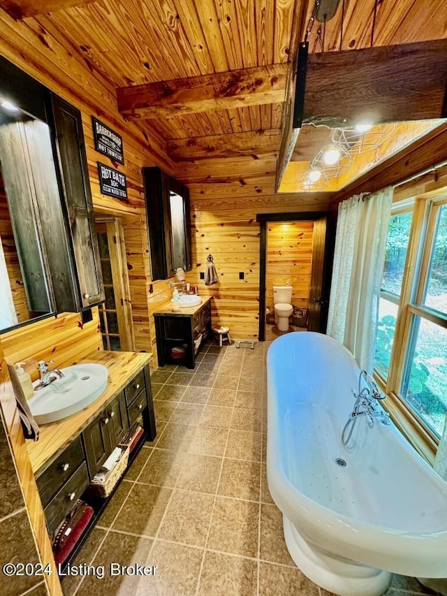 bathroom featuring wooden ceiling, wooden walls, a sink, and beam ceiling