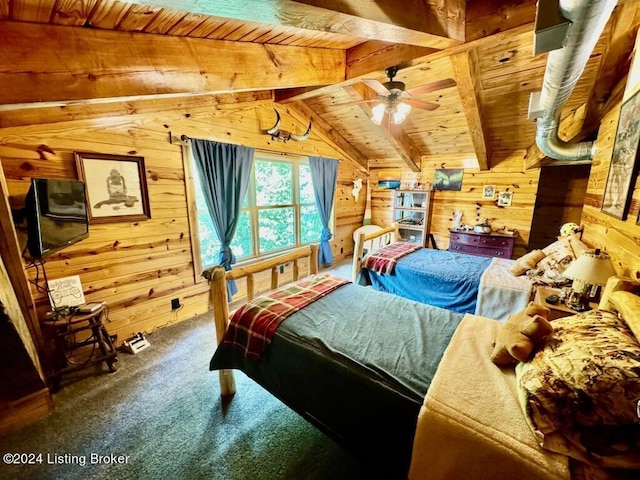 bedroom with wood walls, carpet flooring, lofted ceiling with beams, and wood ceiling