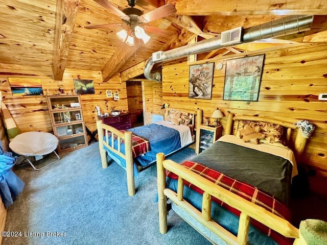 bedroom with carpet, visible vents, wood ceiling, wood walls, and vaulted ceiling with beams