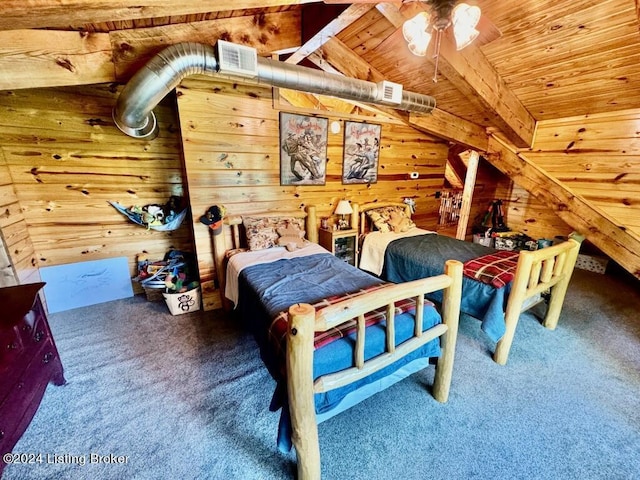 bedroom with lofted ceiling with beams, visible vents, carpet floors, wooden ceiling, and wood walls