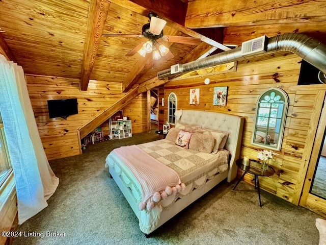 bedroom featuring visible vents, carpet, wood ceiling, wood walls, and vaulted ceiling with beams