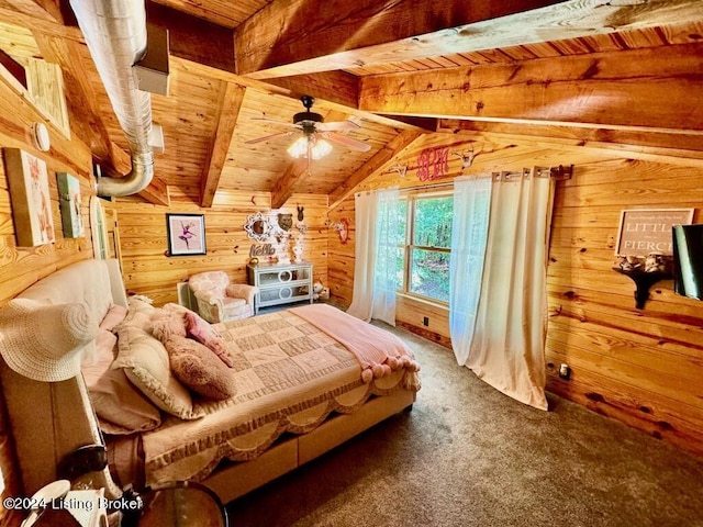 carpeted bedroom featuring wooden ceiling, wooden walls, and lofted ceiling with beams