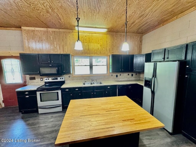kitchen with stainless steel range with electric cooktop, black microwave, fridge with ice dispenser, butcher block counters, and wood ceiling