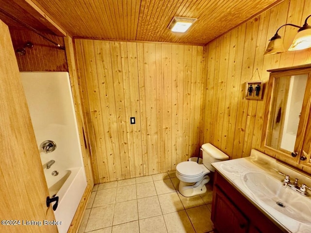 full bathroom with toilet, wood ceiling, vanity, wood walls, and tile patterned flooring