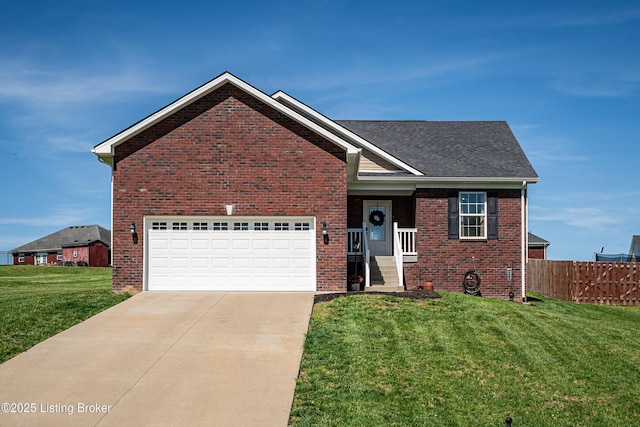 ranch-style house featuring brick siding, a front lawn, fence, and driveway