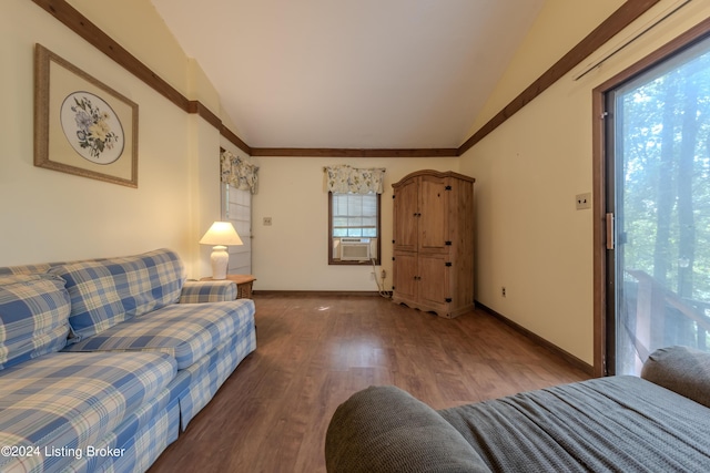 110 Nathan Rd, Falls Of Rough, KY 40119 - living room with baseboards, lofted ceiling, ornamental molding, and wood finished floors
